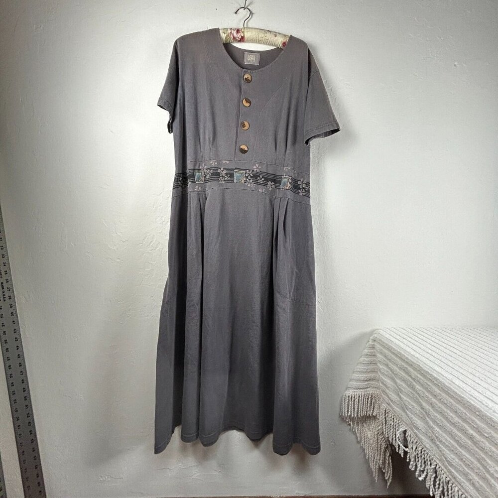 RARE Blue Fish Women Shirt Dress Maxi Gray Lagenlook Short Sleeve Floral Pleated